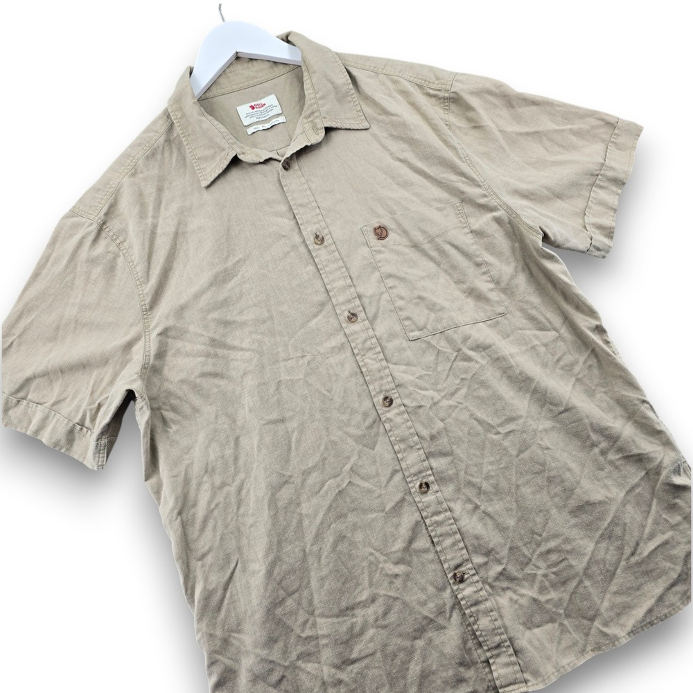 Fjallraven Ovik Travel Shirt SS M Mens XL Khaki Tan Hemp Blend Comfort Fit